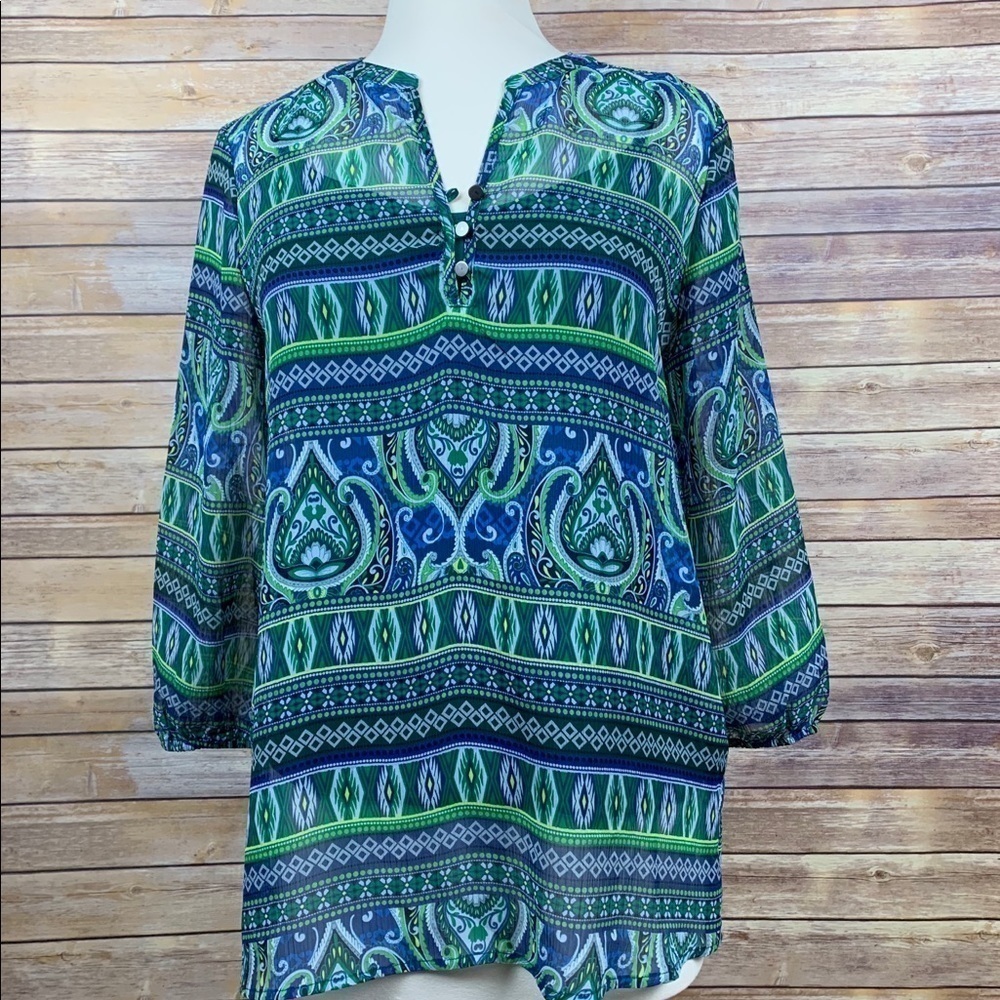 Liz Claiborne Tunic Top w/Built in Cami Blue/Green Pattern Size Small